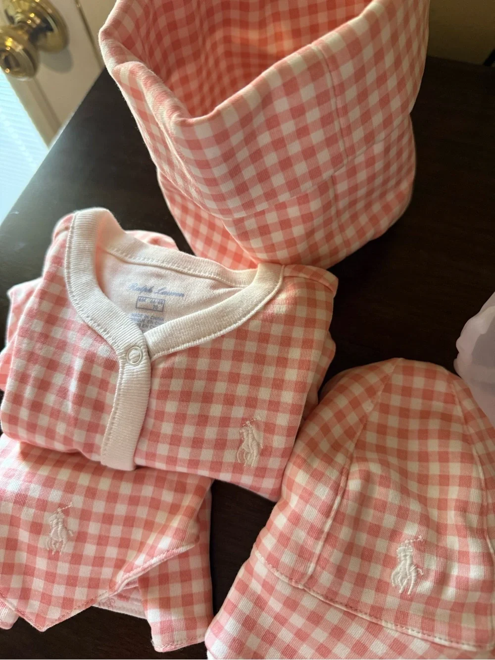 Ralph Lauren Pink Gingham Baby One-Piece with Hat & Bandana Set